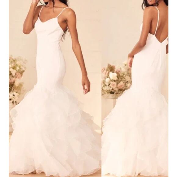 LULU'S SZ 8 M Extravagance White Ruffled Organza Mermaid Bridal Dress 0B16 *flaw - Picture 1 of 13